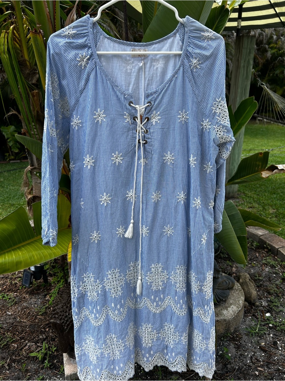 BNWT Lula Soul Blue Striped Embroidered Lace-Up Women’s Dress
